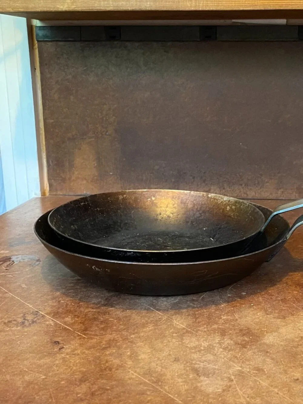 Two (2) Unbranded Carbon Steel French Chef's Skillets Saute Frying Pans